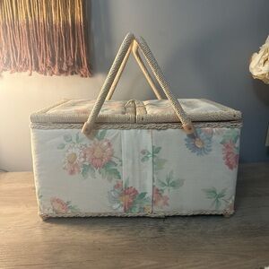 Vintage Floral Woven Basket with Handles